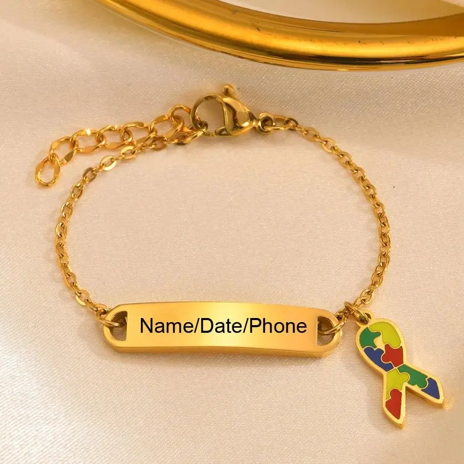 

Free Custom Autism ID Bracelets Parents Gift To Baby Daughter, Drip Color Glue Autism Curved Children's Bracelet Engraving