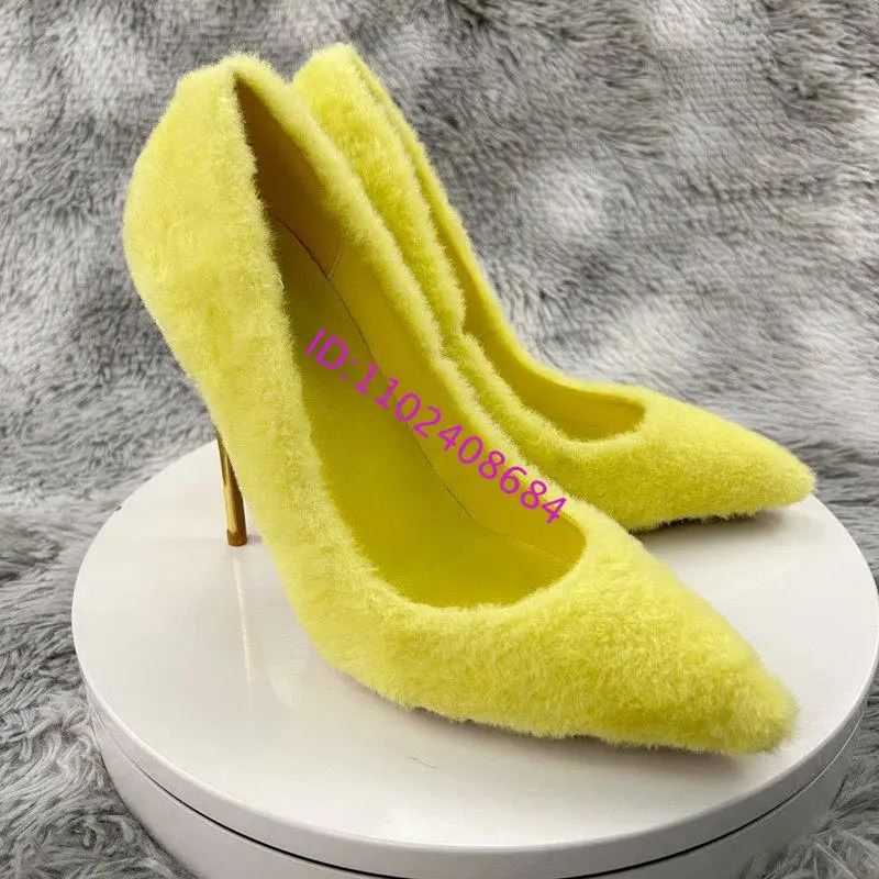 Winter Women High Heel Yellow Fur Stilettos Whole Fur 8Cm 10Cm 12Cm High Heel Pointed Toe Yellow Stilettos Plus Size 45