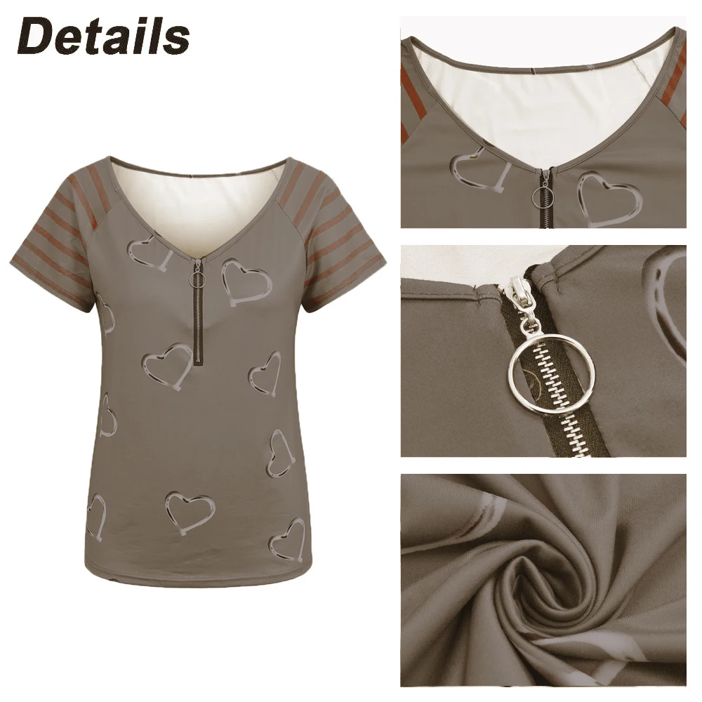 Plus Size Women‘s Zipper Short Sleeve 1/2 Zip Fashion Blouse Ladies Summer Casual V-Neck Tunic Tops T-shirt High Quality Clothes