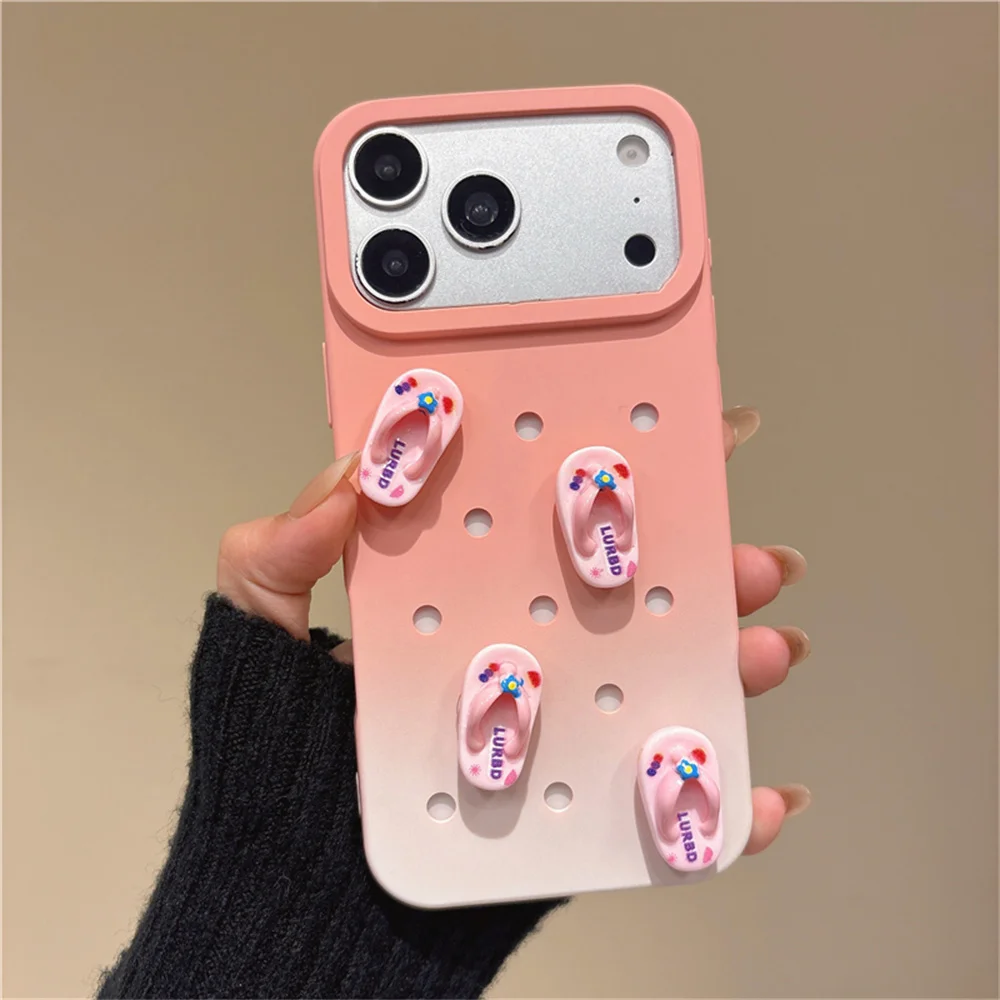 Summer Beach Cute 3D Flip Flop Phone Case for 17 Pro Max Gradient Matte Breathable Hole Protective Cover for iPhone 16 15 14 13