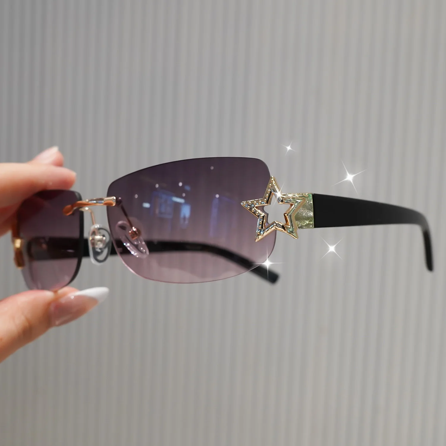 Women Sunglasses Square Sun Glasses Rimless Fashion Glasses Y2K Star Rhinestone Oval Shades UV400 Protection Sunnies for Beach view 5