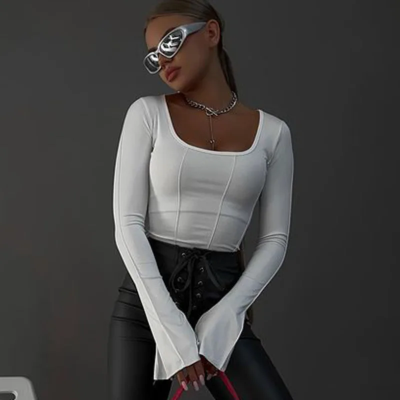 Women's Slim Fit Long Sleeves Knitted T-shirt Square Collar Overhead Fashion Chic Walk Pure Color Breathable Comfortable Tops