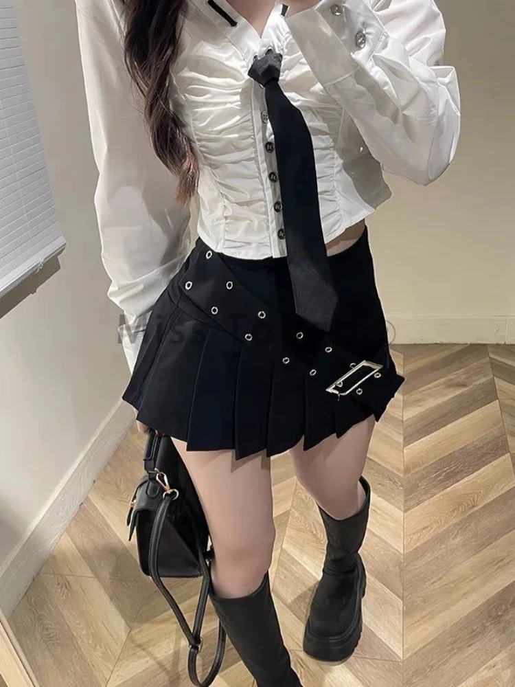 Girl Y2k Design Two Piece Set Preppy Style Fashion Suit Streetwear Women Long Sleeve Shirt + Mini Pleated Skirt Set 2025