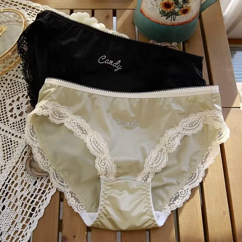 Sweet Milk Silk Shorts Low-rise Underwear Women Diamond Pants Lace Edge Girl Briefs Cotton Crotch Lift Hip Breathable Panties