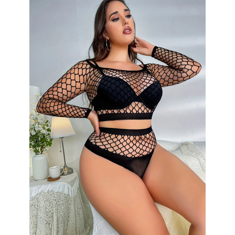 플러스 사이즈 섹시 란제리 세트 여성용 긴 소매 fishnet 자르기 탑 & 팬티 란제리 투피스