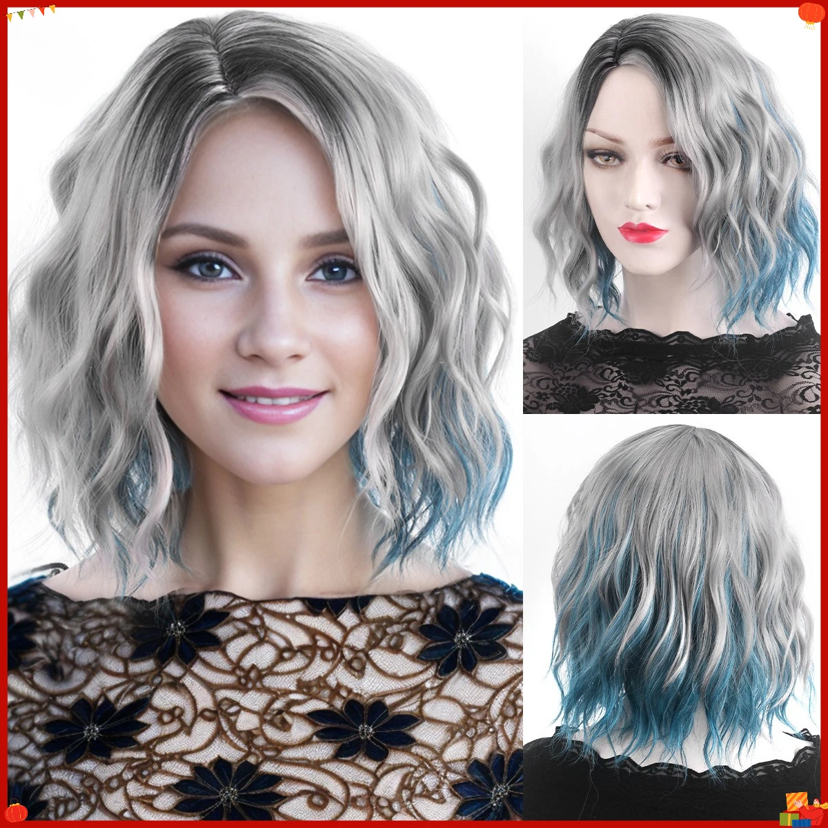 Short Curly Synthetic Wig for Women Fluffy Side Bangs Wave Style Ombre Highlighted Full Head Cap Natural Looking Cosplay Party