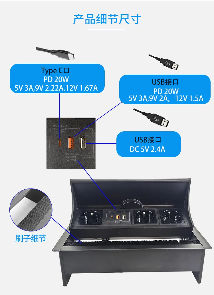 Imagem -04 - Soquete de Mesa Escondida para Escritório Desktop Soquete de Escova Preto Eua ue Reino Unido Tomadas Usb tipo c Pd15w 16a 3800w 5v 3a Ac110v 220v