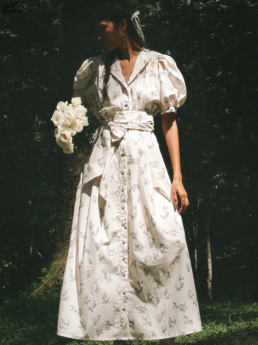 

Oymimi Fashion Beige Print Dresses 2025 Woman Elegant O-Neck Short Sleeve Lace-Up Dresses Casual Single Breasted Loose Dress