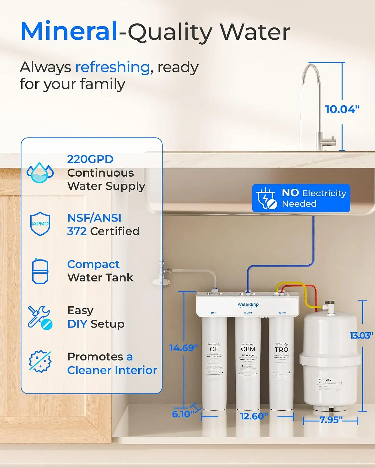 Waterdrop T3-T Remineralization Reverse Osmosis System, 220 GPD Faster Flow No Power Needed, 7-Stage Filtration, Under-Sink RO Water Filter, NSF/ANSI 372 Certified, 2:1 Pure to Drain