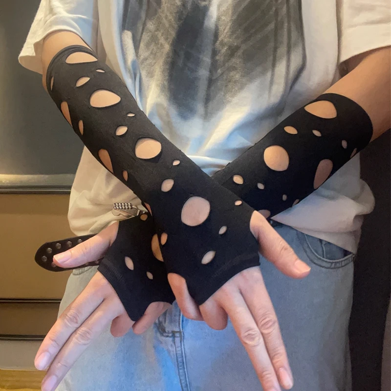 유니섹스 고딕 블랙 장갑 섹시한 핑거리스 롱 장갑 여성용 남성용 속이 빈 장갑 장갑 Clubwear Dance Cosplay Accessories