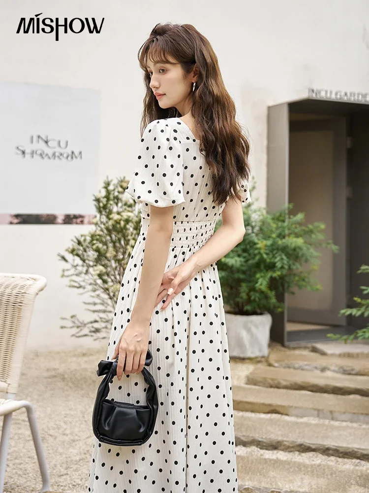 MISHOW Square Neck Dot Dress for Wome Summer 2023 French Elegant A-LINE Retro Puff Sleeve Female Party Midi Dresses MXC38L1401