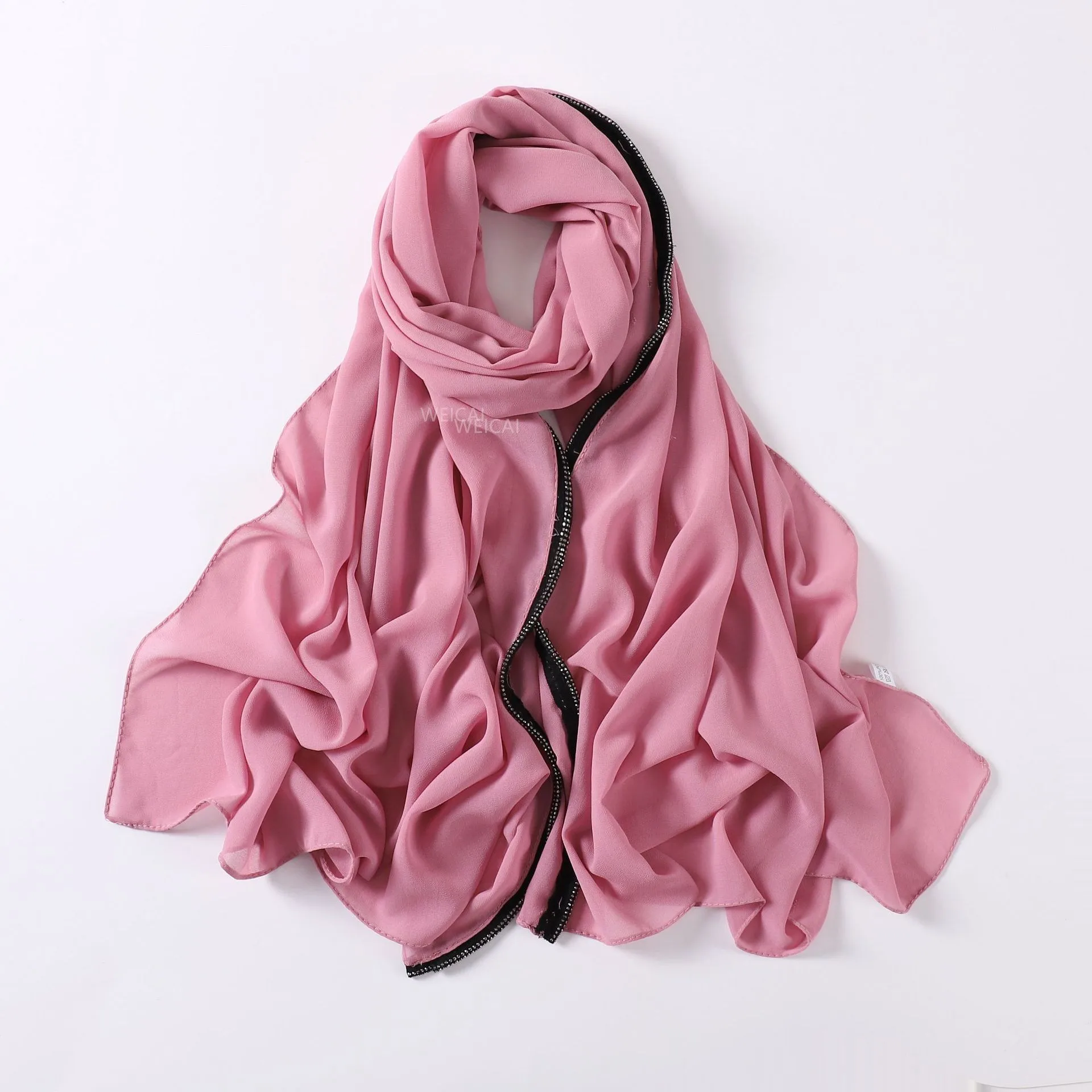 Solid Color Chiffon Hijab Rhinestone Long Scarf Fashion Shawl and Wrap for Women Muslim Fashion Hijab Scarf Headscarf