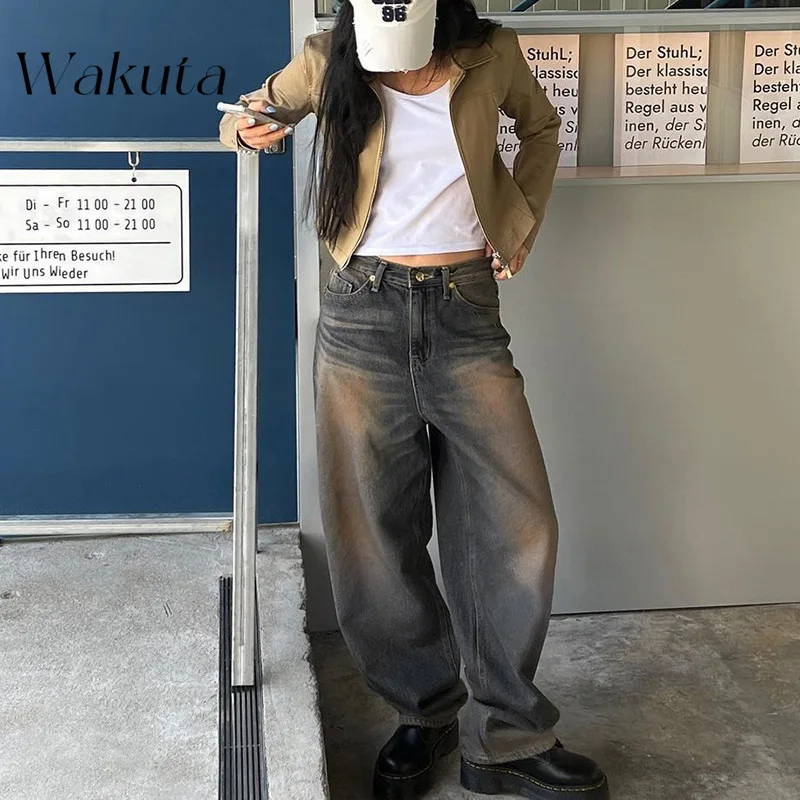 WAKUTA American Classic stile Hip-hop a vita bassa vecchia stampa semplice lettera Jeans Street pantaloni larghi Casual a gamba larga Capris femminile