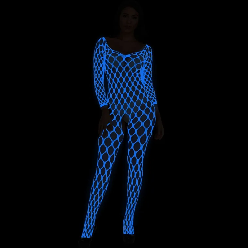 Women's Night Luminous Sexy Lingerie Long-sleeved Open Crotch Perspective Firefly Light Onesie Blue Light Onesie Net Socks  Coat