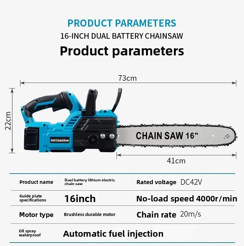 Utility 42V Lithium Electric Saw 16 Inch Rechargeable Woodworking Saw Wireless Portable Chainsaw Brushless Electric Chain Saw