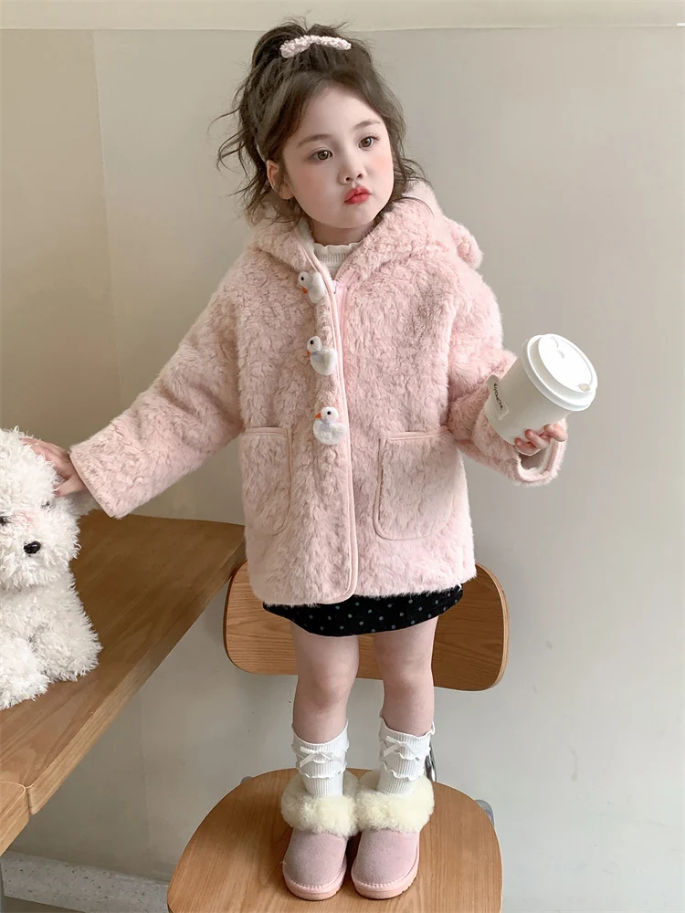 Chaqueta de Invierno con Capucha para Niñas, Estilo Coreano, Abrigo Cálido y Moderno, Cierre de Botones, Color