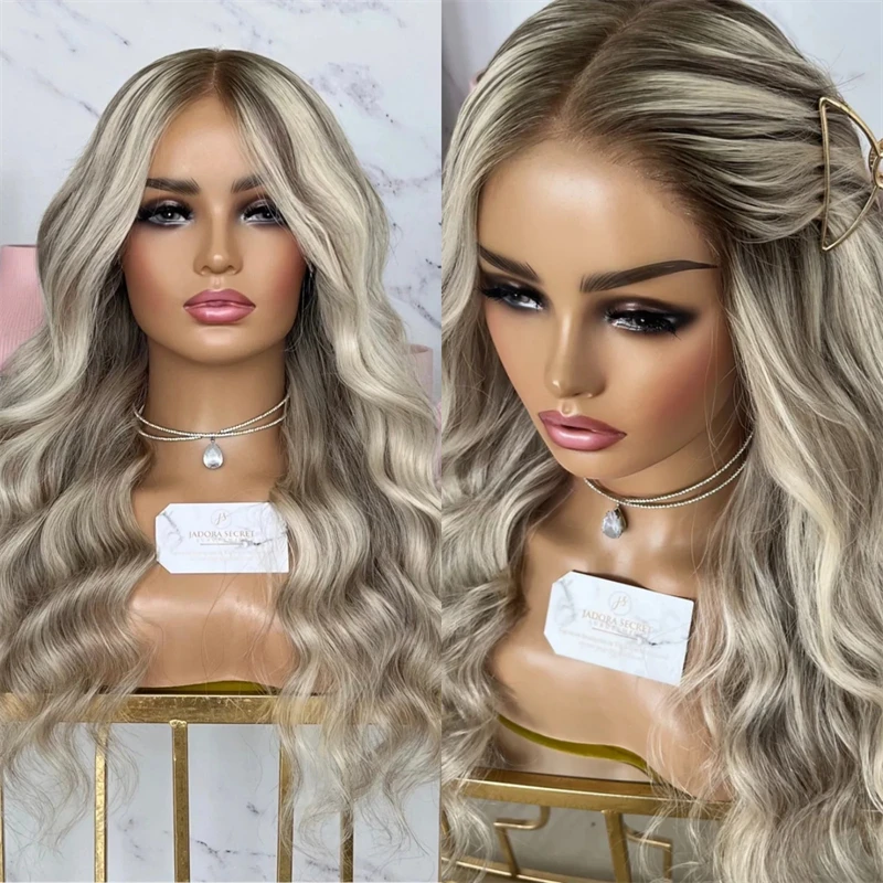 

Long Natural Wave Wig 24'' Ombre Ash Grey Blonde Lace Front Wig Heat Resistant Fibre Wig Natural Preplucked Hairline Party Wigs