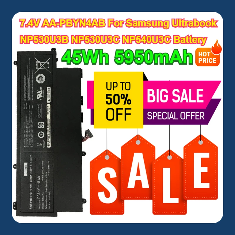 

7.4V AA-PBYN4AB For Samsung Ultrabook NP530U3B NP530U3C NP540U3C 45Wh 5950mAh Battery