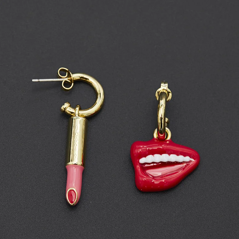 Personality Disign Fashion Sweet Cool Style Drip Oil Red Lipstick Asymmetrical Lips Dangle Gothic C Shaped Earrings for Women