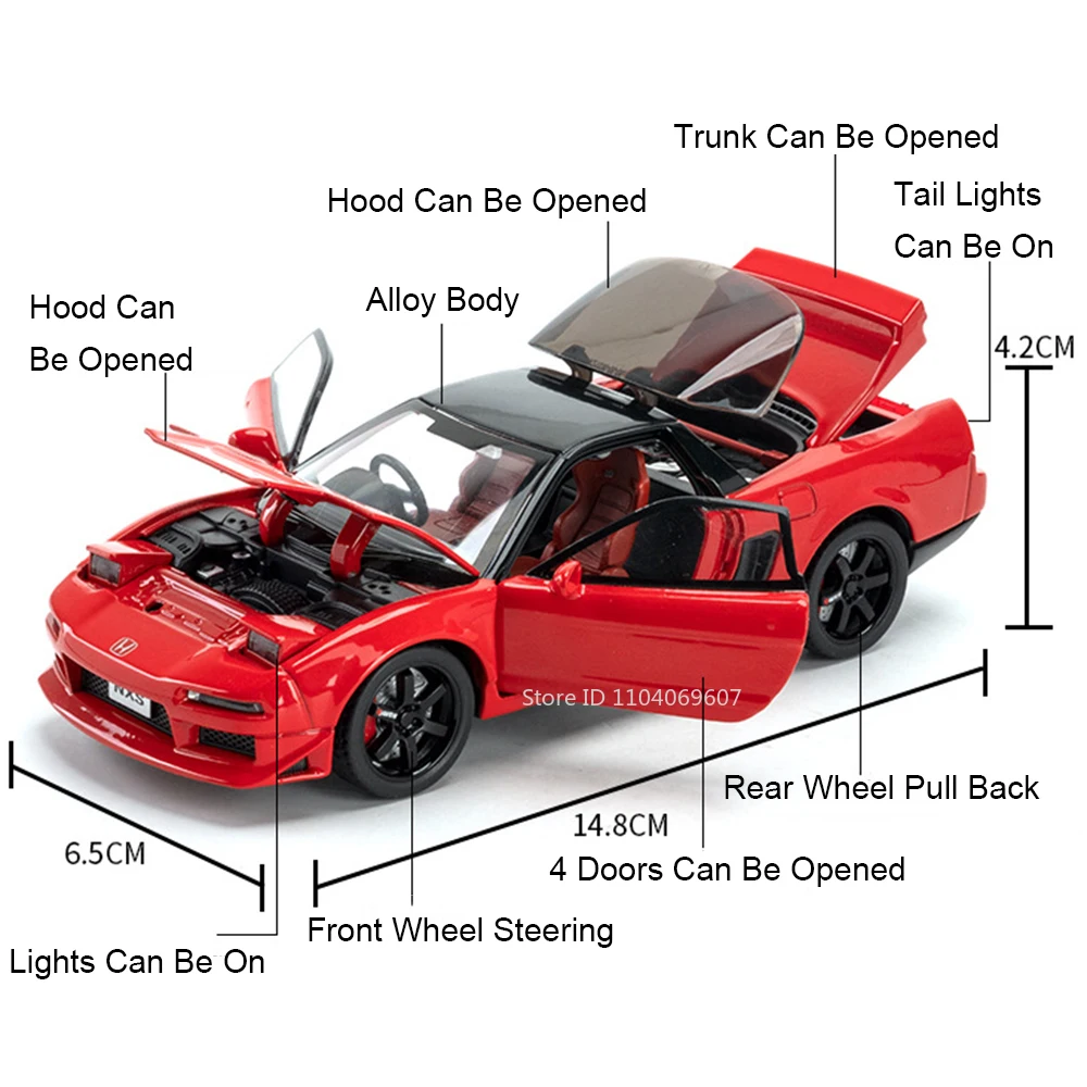 1:32 Scale Honda NSX Model Toy Cars Alloy Diecast 4 Doors Opened Pull Back Sound Light Rubber Tires Ornament Vehicles Kids Gifts