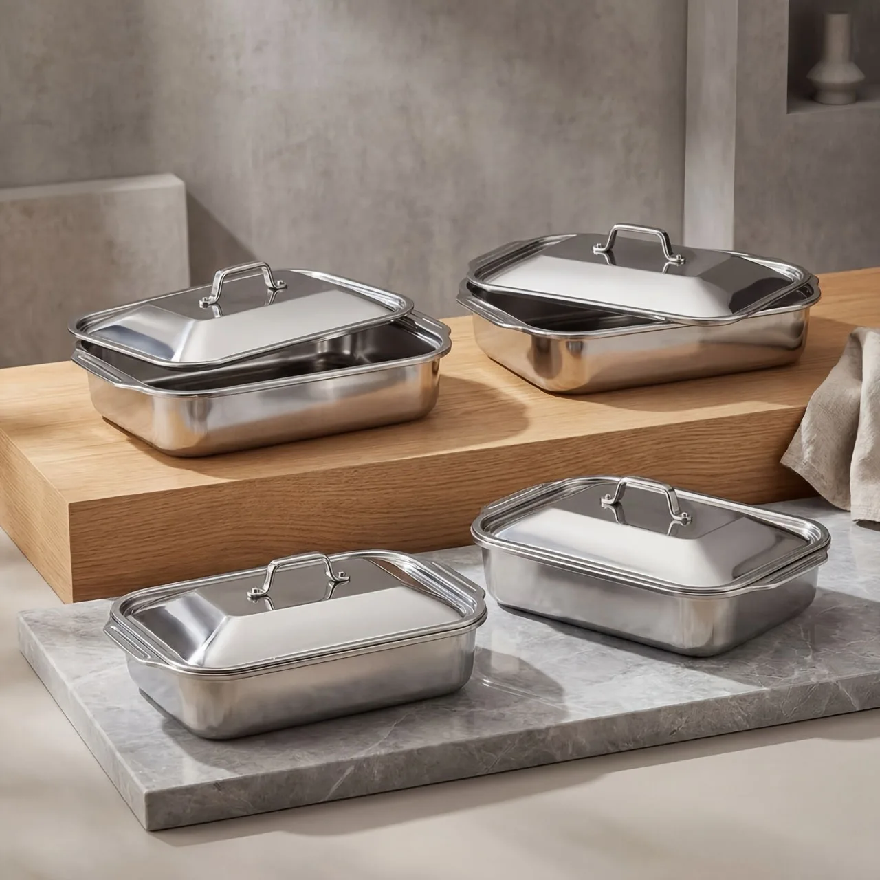 4/3/2/1pcs Heavy-Duty Stainless Steel Rectangular Fish Baking Tray With Lid, Large Capacity Multi-Purpose Heating Tray, Suitable For Barbecue, Buffet And Home Cooking, Suitable For Dessert, Bread, Seafood, Suitable For Barbecue, Buffet
