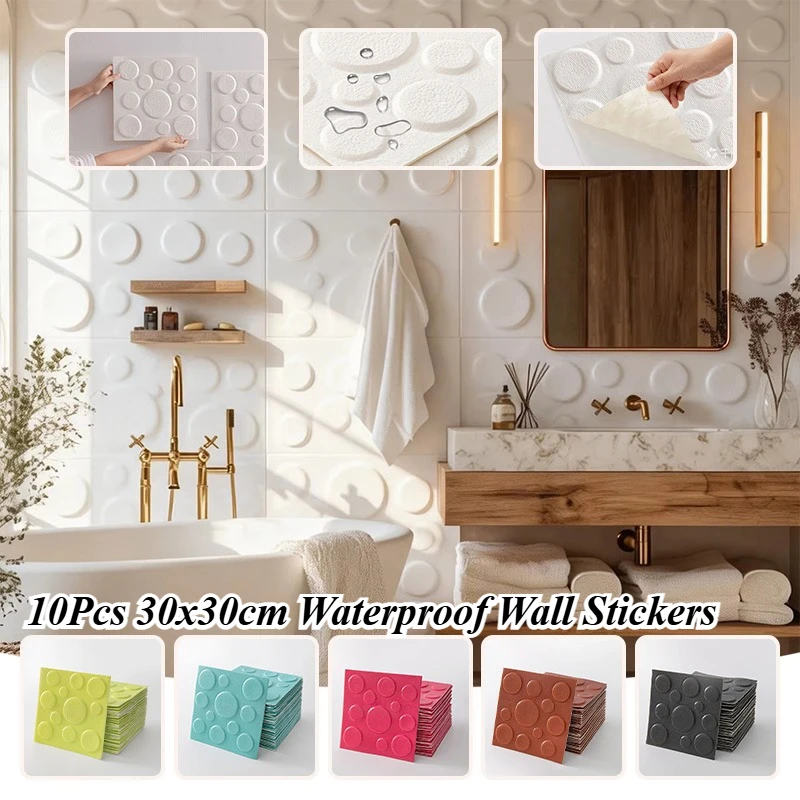10Pcs 30x30cm Macaron Color 3D Stereo Waterproof Wall Stickers Self-Adhesive Wall Tiles for Living Room Background Wall Decor
