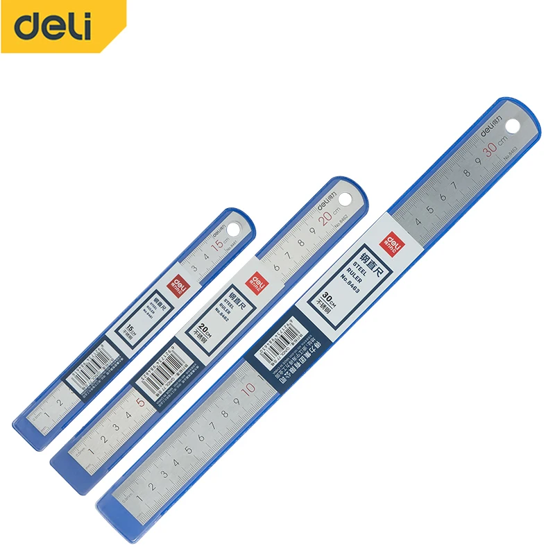 DELI Stainless Steel Straight Ruler Precision 15-30CM Flat Thick Metal Measuring Scale Tools Office Supplies