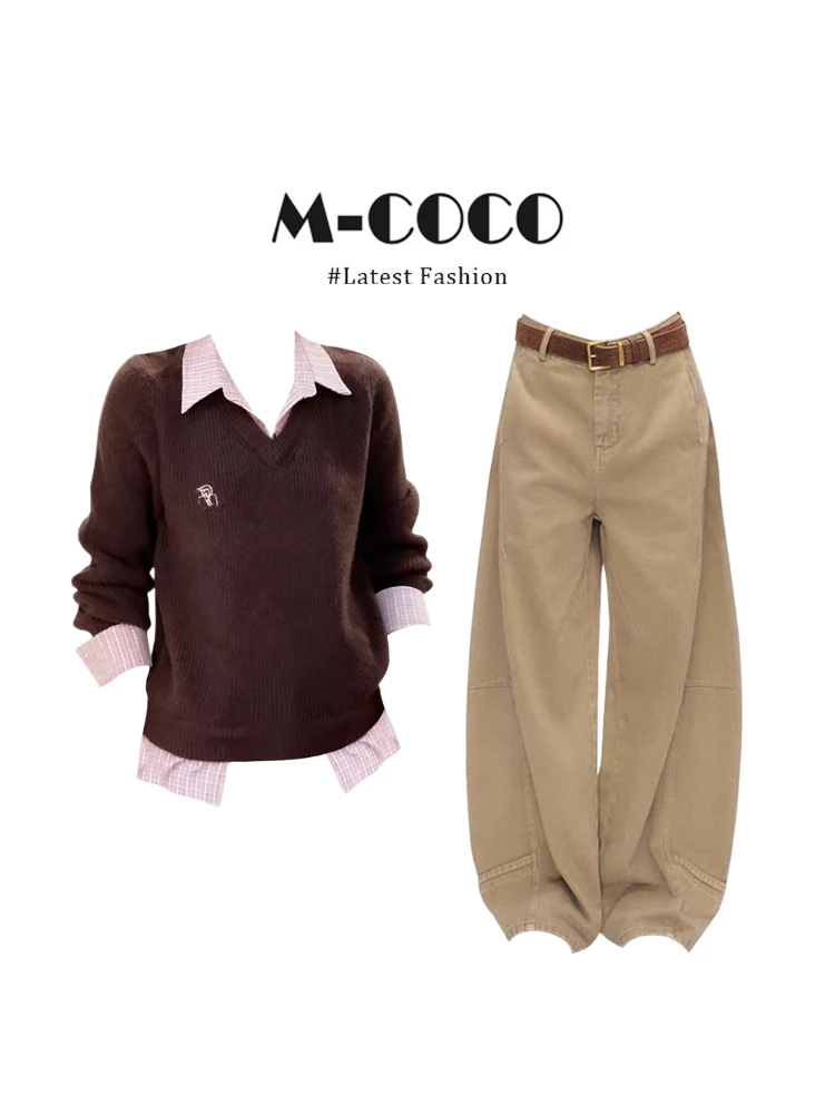 

Khaki Wide Leg Pants Knitted Sweater Women's Fashion Set Casual Style Thickened Cotton Winter Collection Fake Two-Piece