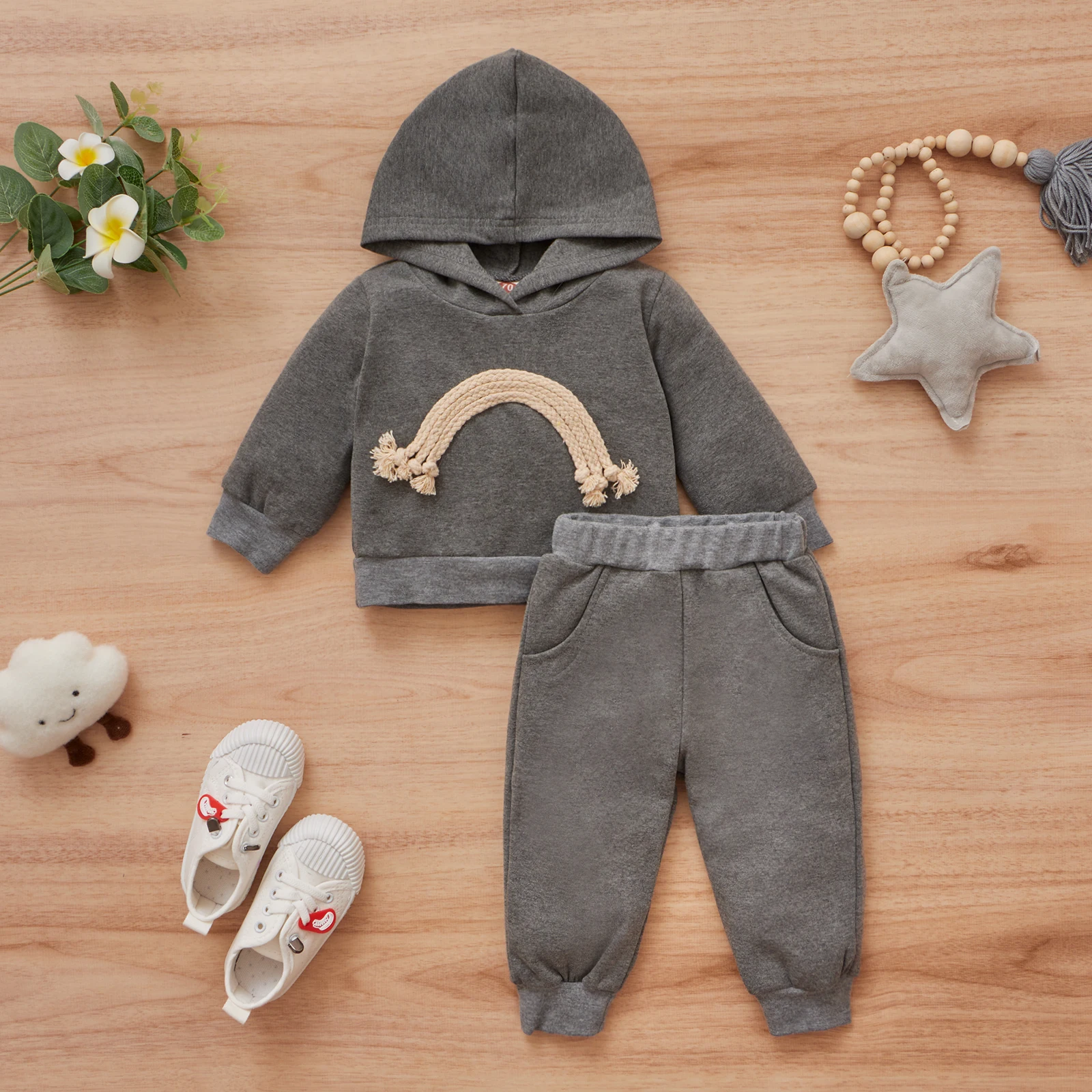 2PCS Autumn Boys Aged 0-3 Are Fashionable And Handsome Wool Dragline Embroidered Rainbow Hooded Top + Solid Color Pants Set