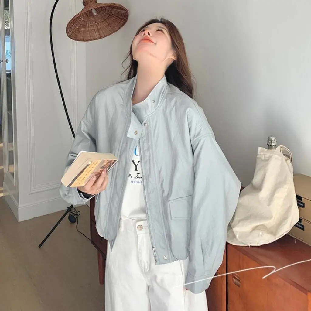 Light Blue Casual Style Leather Jacket for Women PU All-Match Age-Reducing Spring New Fashion Outerwear
