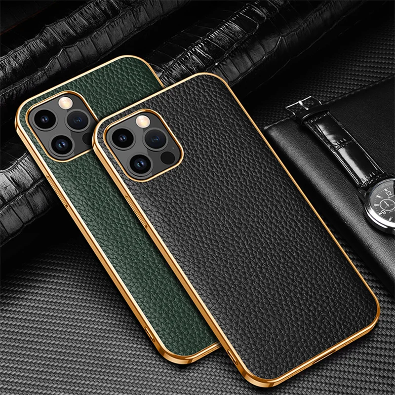 Luxury Genuine Leather Phone Case For 16 15 14 13 12 11 Pro Max Plus XR XS Max 12 13 Mini Plating Frame Shockpoof Cowhide Cover