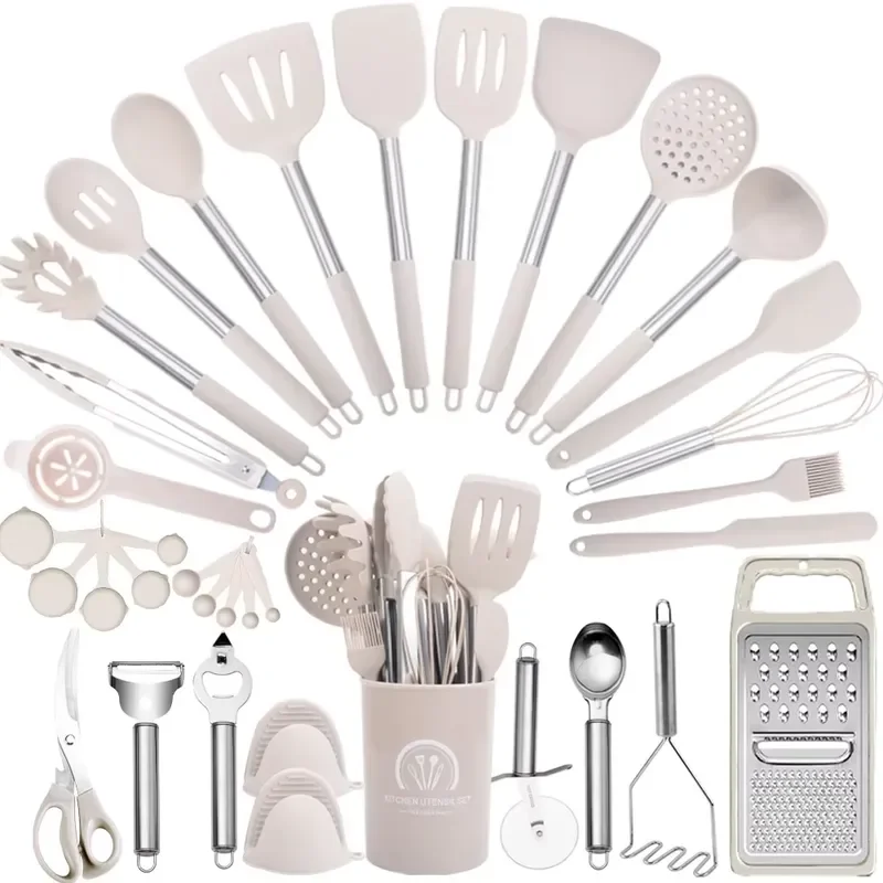 35-Piece Heat-Resistant Silicone Kitchenware Set Stainless Steel Cooking Tools with Bracket for Non-Stick Baking