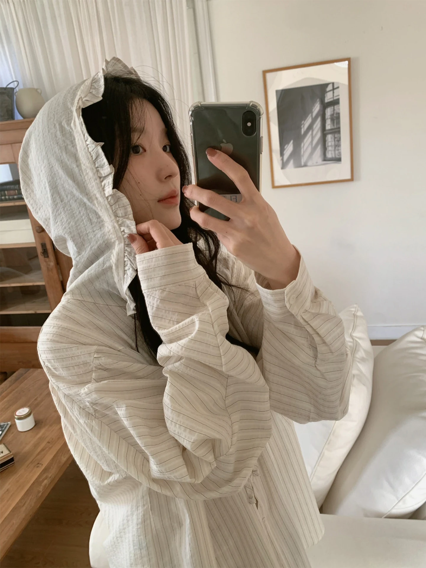 Liangliang Korean Style Striped Casual Long Sleeve Hooded Shirt Women's Loose Outerwear Top Breathable Polyester Fiber