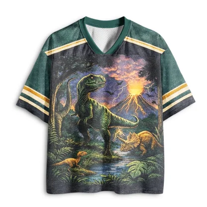 Funny Dinosaur Jurassic Graphic Mesh Football Jersey Men Prehistoric Landscape Print V Neck Short Sleeve Oversized Tops