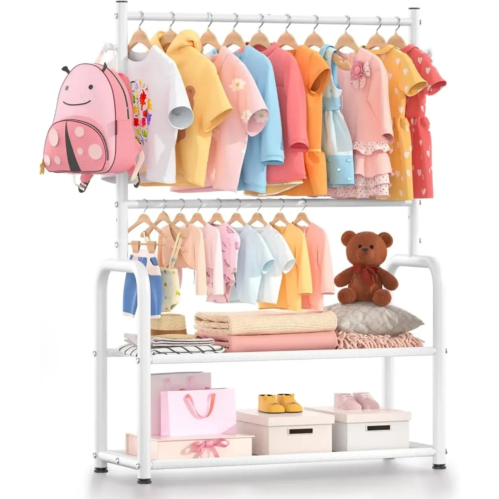 

Kids Clothing Rack with 2-Layer Shelf and Adjustable Rods, White Baby Closet Organizer for Hanging Clothes