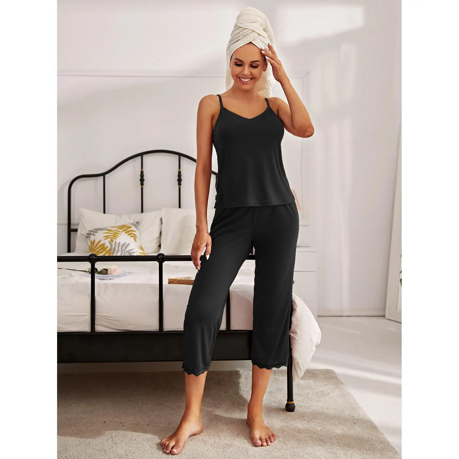 Pure Color Pajamas Women's Spring and Summer Sling Collar Lace Edge 9-point Pants Home Service Suit Pajamas for Women
