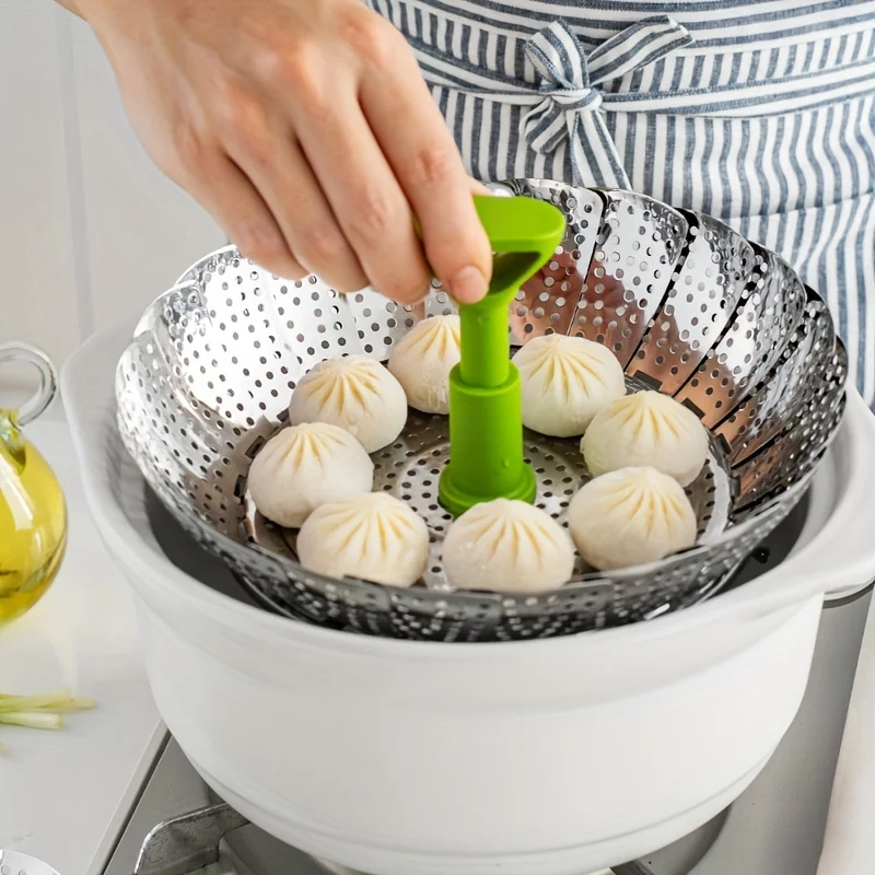 Expandable Stainless Steel Vegetable Steamer Basket Foldable Steamer Rack Handle Steamer Insert Veggies Seafood Kitchen Gadget
