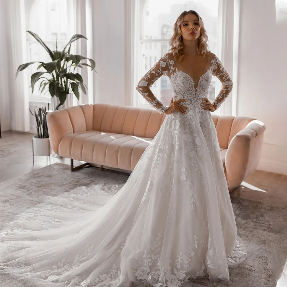 

Elegant Illusion Long Sleeves V-neck Handmade Lace Applique A Line Wedding Dresses Sweep Train Custom Made 2026 Vestido De Noiv