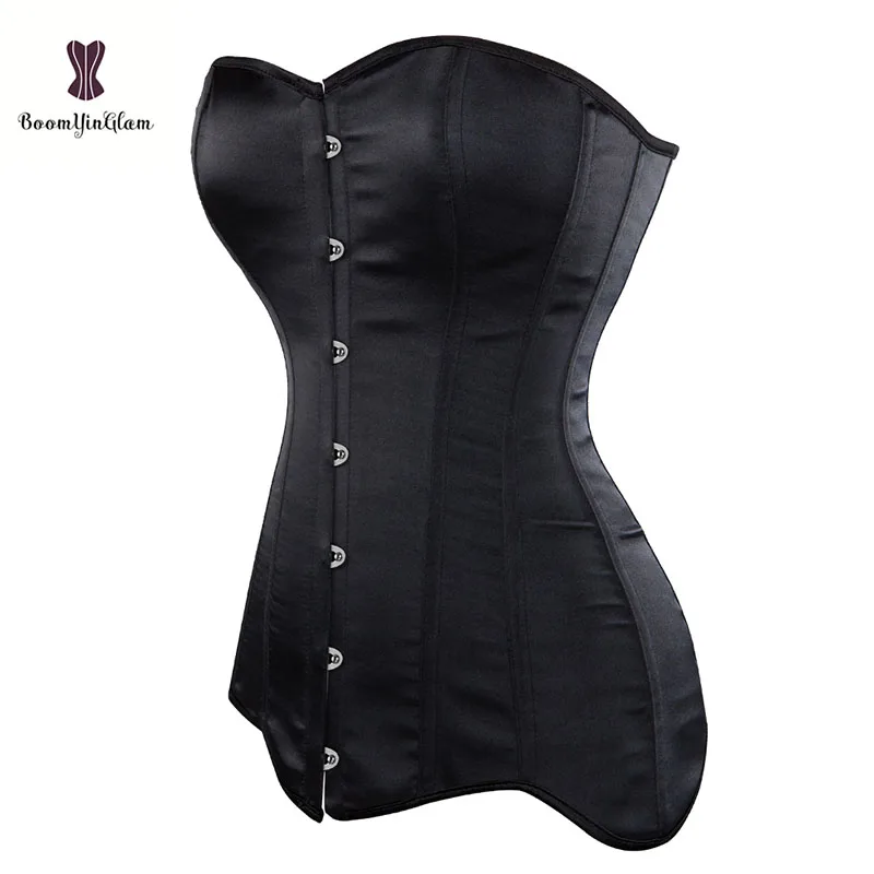 Front 47CM /18.50 Inches Women's Gothic Corselet Black Bodice 14 Steel Bone Longline Corset Top With Rope Full Body Shaper