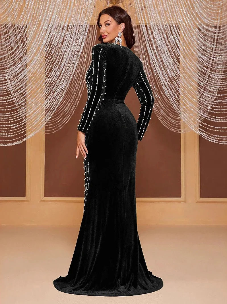 Ele Slim Fit Velvet Evening Dr مع ترتر طويل Sve Deep V Ne Low Waist Chinese Faion Women Dr #3