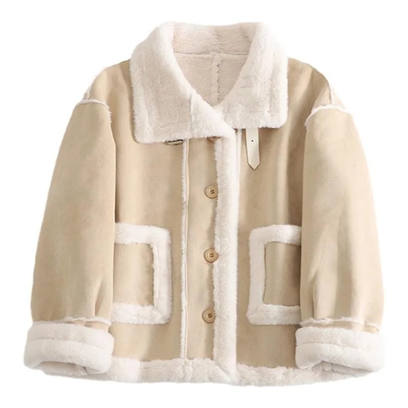 Sweet Pink  Cashmere Patchwork Jacket Ladies Short Autumn Winter Fur Solid Color Loose Stitching Long Sleeve Thickened Warm Coat