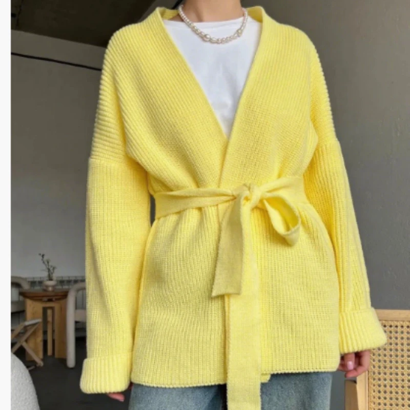 French Lace-Up Bathrobe Wind Sweater Women 2024 Autumn And Winter Lazy Wind Sweater Coat Long Cardigan Loose Sweater