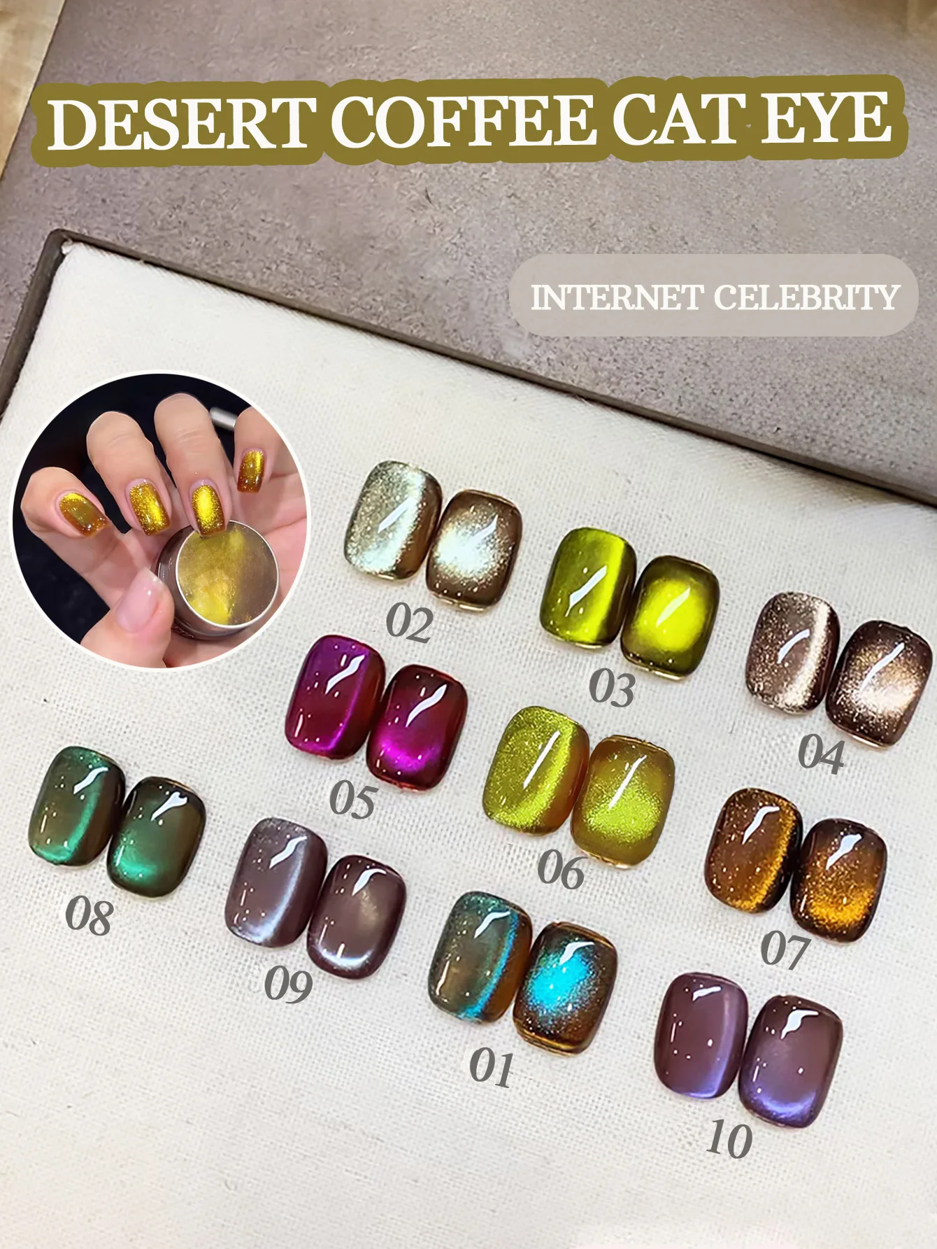SHAKA 1pcs Autumn Popular Flash Brown-Blue Glass Bead Cat Eye Gel Nail Polish Whitening Versatile Brown-Purple Crystal Nail Art