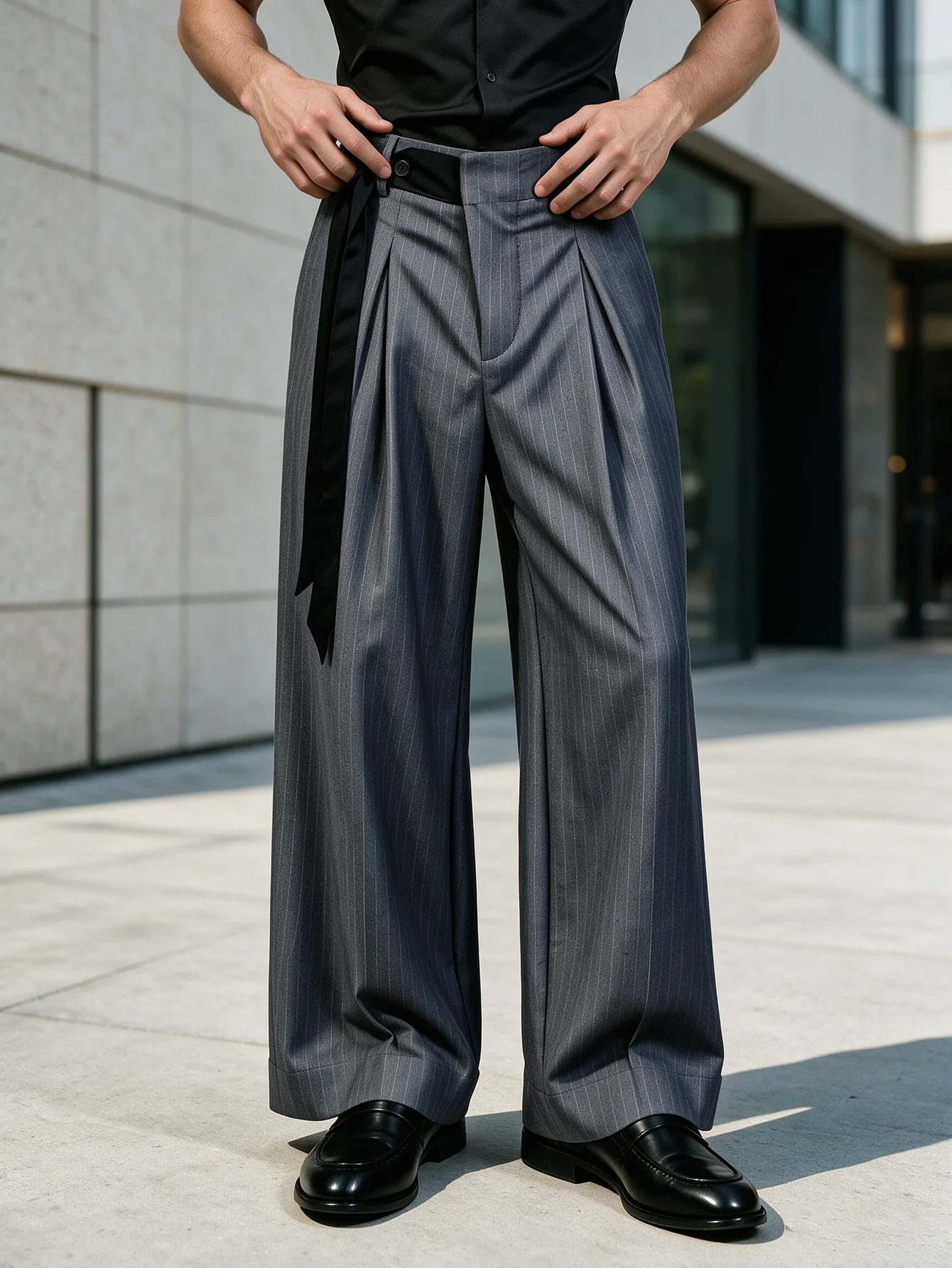 Regular double pleat ribbon striped trousers, men's loose wide-leg high-end casual suit pants