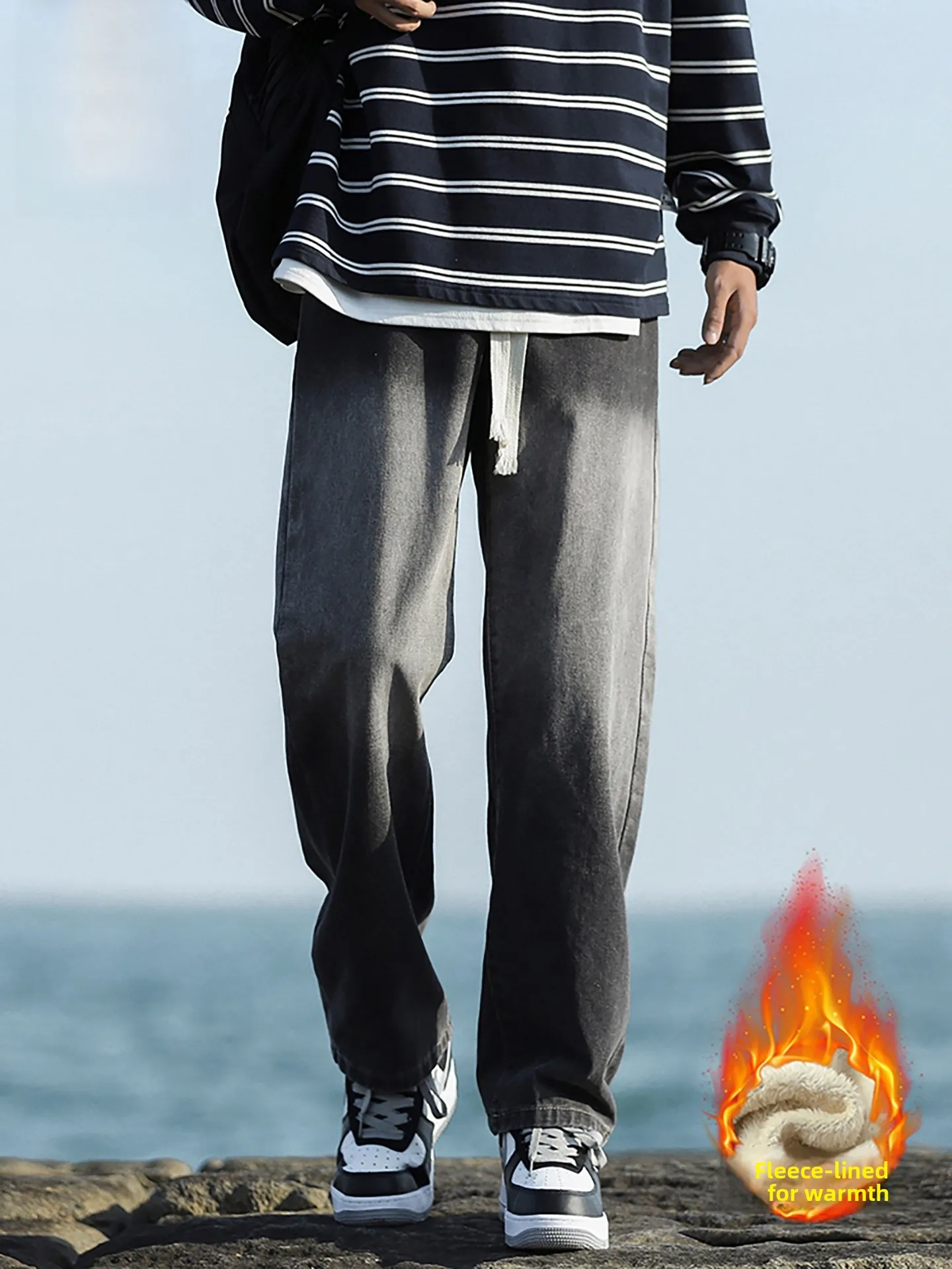 

American Style Vintage Drawstring Jeans Men's Loose Straight Leg Workwear Trousers Casual Cotton Polyester Blend Jeans