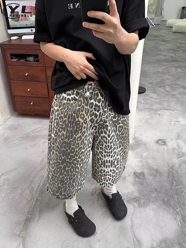 High Street Vintage Leopard Print Denim Shorts Men Women Wide Leg Pants Y2k Hip Hop Baggy Jeans Five-point Trousers Summer 2024