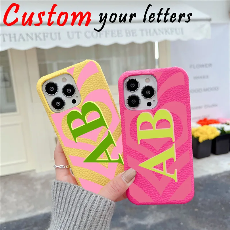 Hearts Beat Personalised Initial Letters Leather Case for  iPhone 14 13 15 pro max 12 11 Pro Max X XS XR 7/8Plus Luxury PU Cases