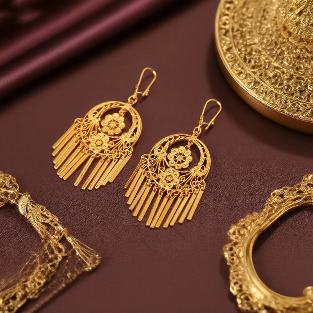 أقراط متدلية مطلية بالذهب للنساء مجوهرات الزفاف العربية في الشرق الأوسط #6