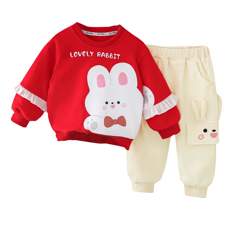 2022 Autumn Kids Clothing Sets for Baby Girls Clothes Outfits Infant Lace T Shirt Pants Cute Cartoon Rabbit Children Sportswear