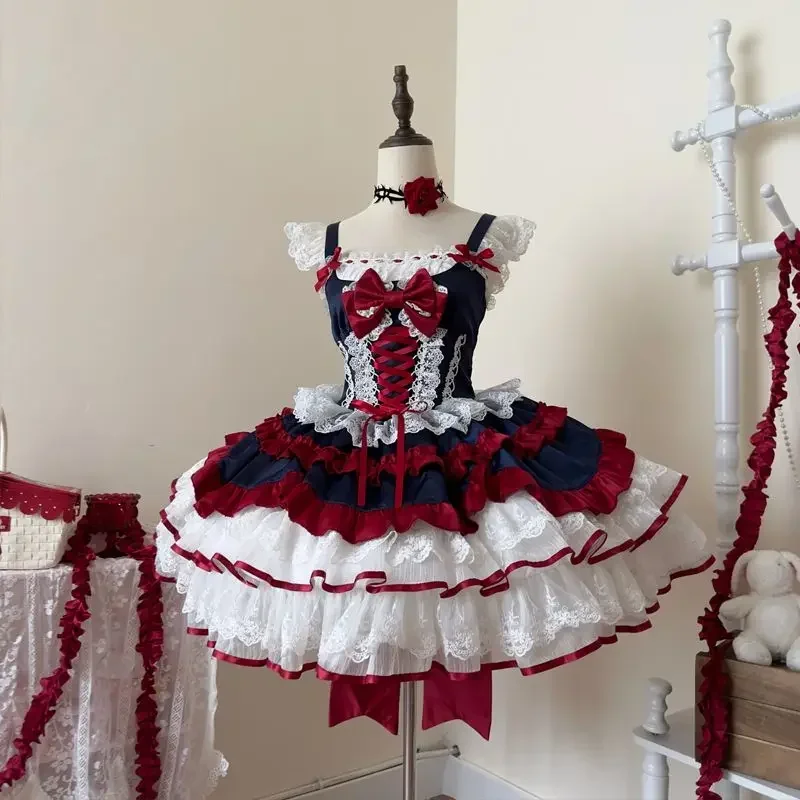 2025 اليابانية الحلو لوليتا Jsk فستان قصير المرأة Kawaii الدانتيل كشكش القوس ضمادة سليم فستان الأميرة الفتيات Y2k فساتين حفلات الشاي